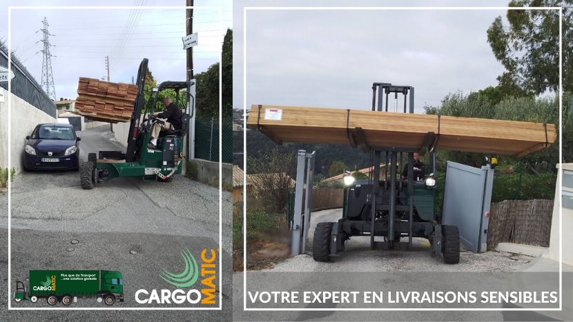 Livraison technique de lames de terrasse avec chariot embarque