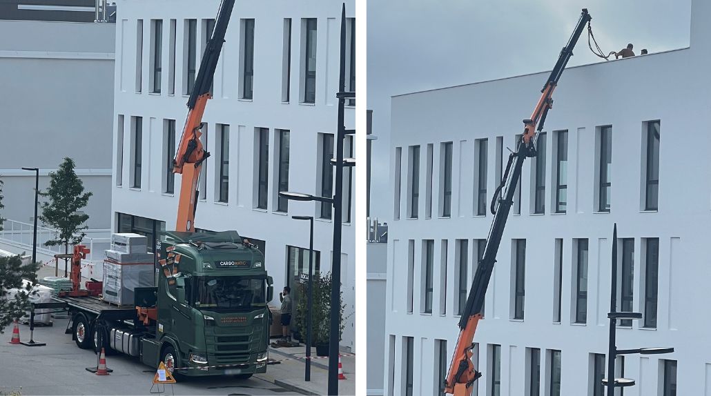 Livraison à 21m de haut avec une grue équipée d'un Fly-jib